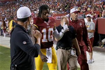 (AP Photo/Alex Brandon). Washington Redskins quarterback Robert Griffin III (10) leaves the field after an injury during the first half of an NFL preseason football game against the Detroit Lions, Thursday, Aug. 20, 2015, in Landover, Md.