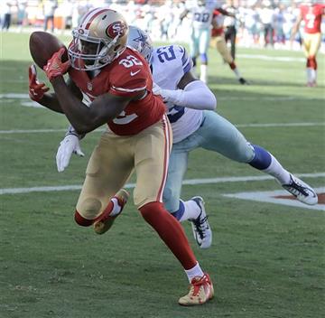 (AP Photo/Ben Margot). San Francisco 49ers wide receiver Torrey Smith (82) can't catch a pass in the end zone in front of Dallas Cowboys defensive back Corey White (23) during the first half of an NFL preseason football game in Santa Clara, Calif., Sun...