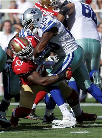 (AP Photo/Jeff Chiu). San Francisco 49ers linebacker NaVorro Bowman (53) tackles Dallas Cowboys running back Darren McFadden (20) during the first half of an NFL preseason football game in Santa Clara, Calif., Sunday, Aug. 23, 2015.
