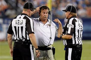 (AP Photo/Mark Zaleski). St. Louis Rams coach Jeff Fisher talks with second umpire Alan Eck (139) and side judge Laird Hayes (125) in the first half of a preseason NFL football game against the Tennessee Titans Sunday, Aug. 23, 2015, in Nashville, Tenn.