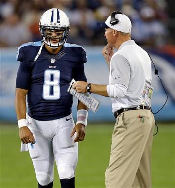 (AP Photo/James Kenney). Tennessee Titans coach Ken Whisenhunt talks with quarterback Marcus Mariota during the first half of a preseason NFL football game against the St. Louis Rams on Sunday, Aug. 23, 2015, in Nashville, Tenn.
