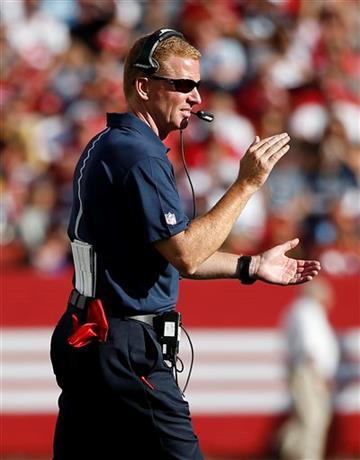 (AP Photo/Tony Avelar). Dallas Cowboys coach Jason Garrett applauds during the first half of an NFL preseason football game against the San Francisco 49ers in Santa Clara, Calif., Sunday, Aug. 23, 2015.