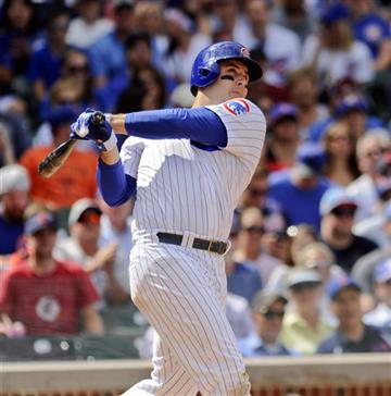 (AP Photo/Matt Marton). Chicago Cubs' Anthony Rizzo hits an RBI triple against the Cleveland Indians during the seventh inning of a baseball game on Monday, Aug. 24, 2015, in Chicago.