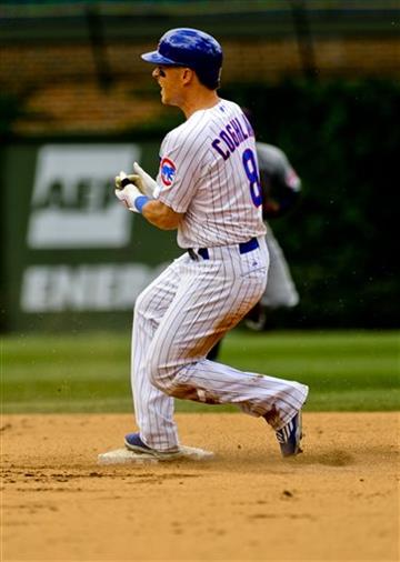 (AP Photo/Matt Marton). Chicago Cubs' Chris Coghlan reacts after he doubles against the Cleveland Indians during the seventh inning of a baseball game  on Monday, Aug. 24, 2015, in Chicago.