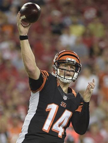 (AP Photo/Phelan M. Ebenhack). Cincinnati Bengals quarterback Andy Dalton throws a pass against the Tampa Bay Buccaneers during the first quarter of an NFL preseason football game Monday, Aug. 24, 2015, in Tampa, Fla.