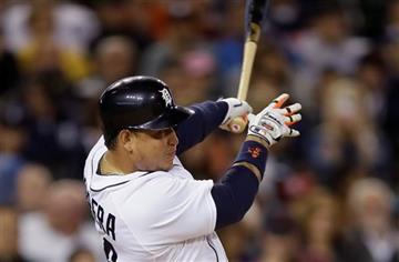 (AP Photo/Carlos Osorio). Detroit Tigers' Miguel Cabrera connects for a two-run home run off Los Angeles Angels starting pitcher Hector Santiago during the fifth inning of a baseball game Wednesday, Aug. 26, 2015, in Detroit.