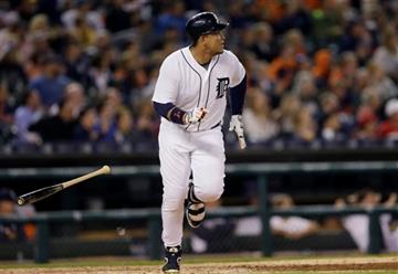 (AP Photo/Carlos Osorio). Detroit Tigers' Miguel Cabrera watches the path of his two-run home run off Los Angeles Angels starting pitcher Hector Santiago during the fifth inning of a baseball game Wednesday, Aug. 26, 2015, in Detroit.