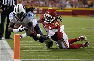 (AP Photo/Charlie Riedel). Tennessee Titans running back Dexter McCluster (22) is pushed out of bounds by Kansas City Chiefs defensive back Ron Parker (38) during the first half of a preseason NFL football game at Arrowhead Stadium in Kansas City, Mo.,...