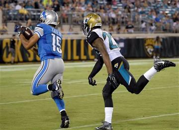 (AP Photo/Phelan M. Ebenhack). Detroit Lions wide receiver Golden Tate (15) runs past Jacksonville Jaguars cornerback Aaron Colvin, right, on his way to a 62-yard touchdown during the first half of an NFL preseason football game in Jacksonville, Fla., ...