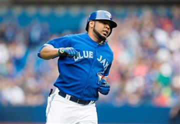 (Darren Calabrese/The Canadian Press via AP). Toronto Blue Jays' Edwin Encarnacion rounds the bases following a three-run home run during the first inning of a baseball game against the Detroit Tigers in Toronto on Saturday, Aug. 29, 2015.  MANDATORY C...