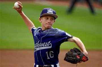 (AP Photo/Gene J. Puskar). Pearland, Texas' Ryan Farmer (16) delivers during the first inning of the United States championship baseball game against Lewisberry, Pa. at the Little League World Series tournament in South Williamsport, Pa., Saturday, Aug...