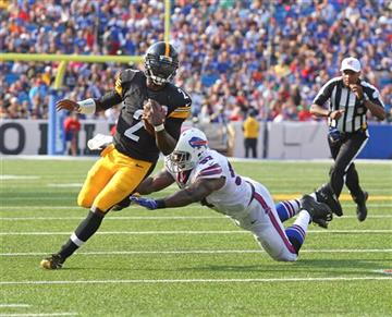 (AP Photo/Bill Wippert). Pittsburgh Steelers quarterback Michael Vick (2) is pursued by Buffalo Bills defensive tackle Corbin Bryant (97) during the first half of a preseason NFL football game on Saturday, Aug. 29, 2015, in Orchard Park, N.Y.