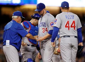 (AP Photo/Alex Gallardo). Chicago Cubs manager Joe Maddon, left, takes the ball from Chicago Cubs starting pitcher Jon Lester (34) during the seventh inning of a baseball game against the Los Angeles Dodgers in Los Angeles, Saturday, Aug. 29, 2015.