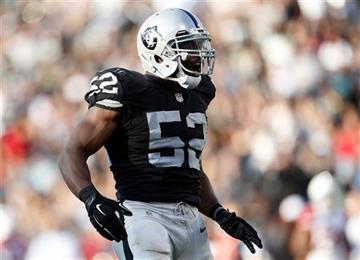 (AP Photo/Tony Avelar). Oakland Raiders outside linebacker Khalil Mack (52) reacts after sacking Arizona Cardinals quarterback Carson Palmer during the first half of an NFL preseason football game in Oakland, Calif., Sunday, Aug. 30, 2015.