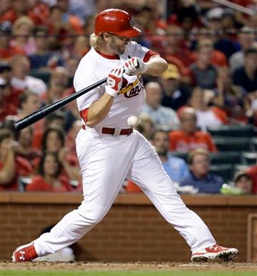 (AP Photo/Jeff Roberson). St. Louis Cardinals' Mark Reynolds is hit by a pitch with the bases loaded during the third inning of a baseball game against the Washington Nationals Tuesday, Sept. 1, 2015, in St. Louis.