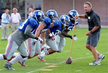 (AP Photo/Bill Kostroun, File). FILE - In this Aug. 19, 2015, file photo, New York Giants defensive coordinator Steve Spagnuolo, right, runs a drill at an NFL football training camp in East Rutherford, N.J. The most important offseason move the Giants ...
