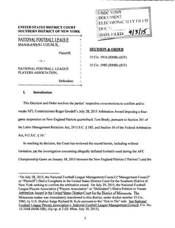 (U.S. District Court of New York via AP). This image of the first page of a court document released by the U.S. District Court Thursday, Sept. 3, 2015, shows Judge Richard M. Berman's decision to overturn NFL Commissioner Roger Goodell's four-game susp...