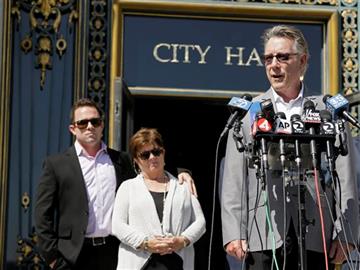 (AP Photo/Eric Risberg). Jim Steinle, right, father of Kathryn Steinle, answers questions during a news conference on the steps of City Hall Tuesday, Sept. 1, 2015, in San Francisco. Listening in the background is Brad Steinle and Liz Sullivan, the bro...