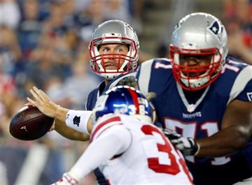 (AP Photo/Winslow Townson). New England Patriots quarterback Ryan Lindley, rear, looks for a receiver behind a block by guard Cameron Fleming (71) in the first half of an NFL football game against the New York Giants Thursday, Sept. 3, 2015, in Foxboro...