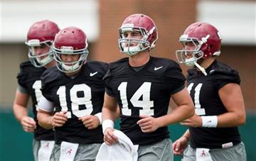 (AP Photo/Brynn Anderson, File). FILE - In this Aug. 6, 2015, file photo, Alabama quarterbacks, from left, David Cornwell, Cooper Bateman, Jake Coker and Alec Morris, runs drills with other quarterbacks during NCAA college football practice in Tuscaloo...