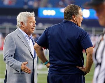 (AP Photo/Winslow Townson). New England Patriots owner Robert Kraft , left, speaks to head coach Bill Belichick  before an NFL preseason football game against the New York Giants Thursday, Sept. 3, 2015, in Foxborough, Mass.