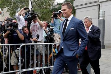 (AP Photo/Richard Drew, File). FILE - In this April 31, 2015, file photo, New England Patriots quarterback Tom Brady leaves Federal court in New York.  Brady can suit up for his team's season opener after a judge erased his four-game suspension for "De...