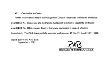(U.S. District Court of New York via AP). This image of a portion of the last page of a court document released by the U.S. District Court Thursday, Sept. 3, 2015, shows Judge Richard M. Berman's decision to overturn NFL Commissioner Roger Goodell's fo...