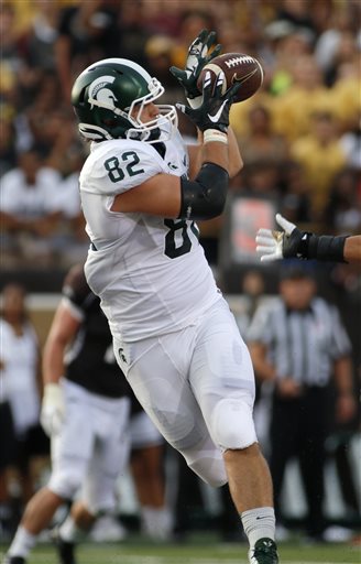 (AP Photo/Al Goldis). Michigan State tight end Josiah Price catches a pass for a touchdown against Western Michigan during the first quarter of an NCAA college football game, Friday, Sept. 4, 2015, in Kalamazoo, Mich.