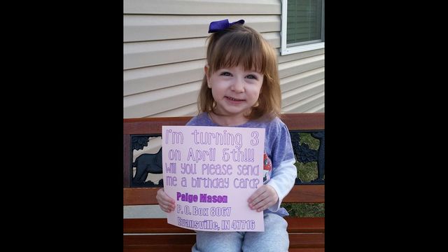 Paige Mason hopes to get a deluge of birthday cards, at least one from every state. (Photo Stacy Mason/Facebook)